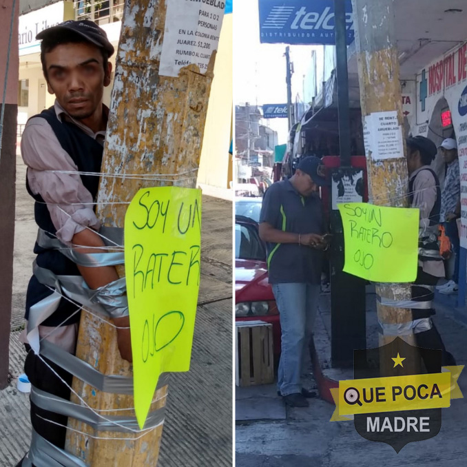 Comerciantes amarran a ratero a un poste con una cartulina en Cuautla.