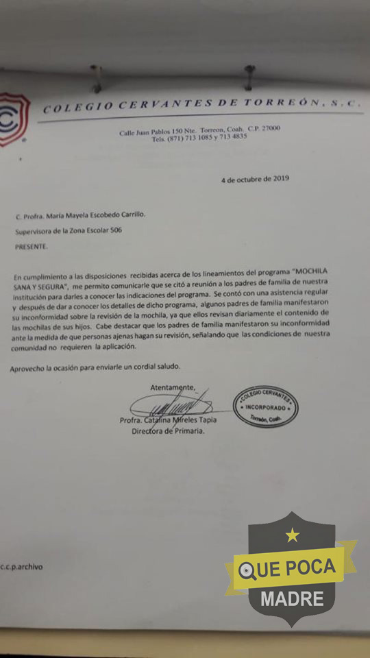 Padres de familia rechazaron el programa “Mochila Segura” en escuela donde ocurrió atentado en Torreón.