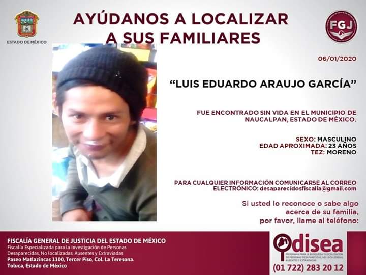 Solicitan ayuda para localiza a familiares de joven localizado sin vida en Naucalpan.