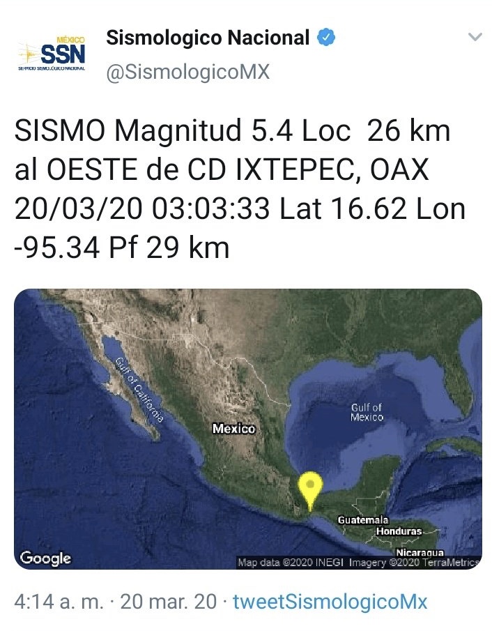 Se registra sismo en Oaxaca.