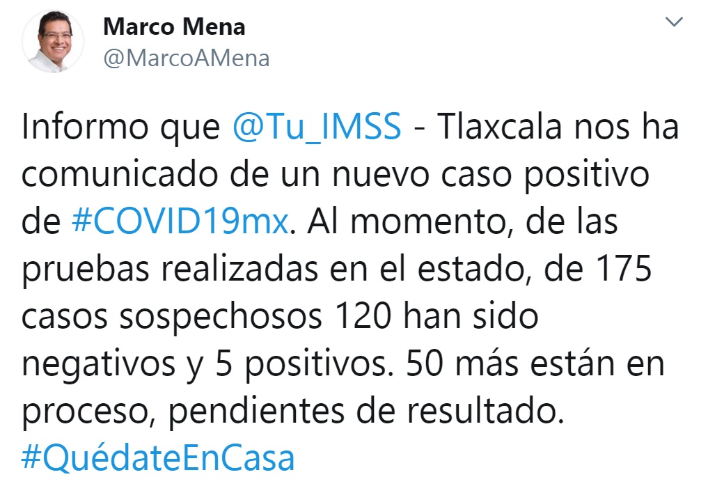 Confirman quinto caso de Coronavirus en Tlaxcala.