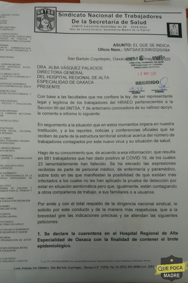 Piden cierre de Hospital en Oaxaca por contagios de Covid 19 en personal médico.