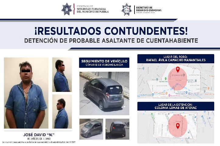 Detienen a un delincuente tras asalto a cuentahabiente en Puebla.