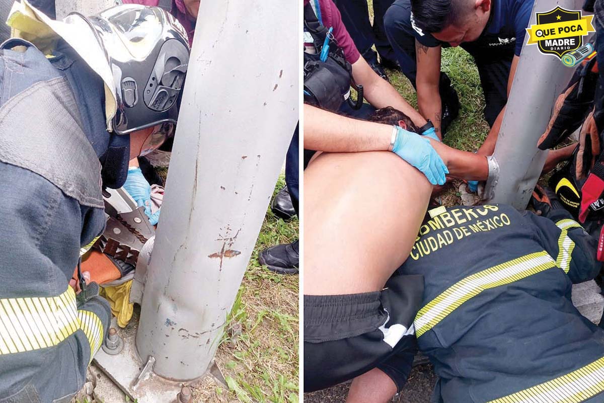 ¡POR MANO LARGA! Bomberos auxilian a hombre con la mano atorada en un poste en CDMX